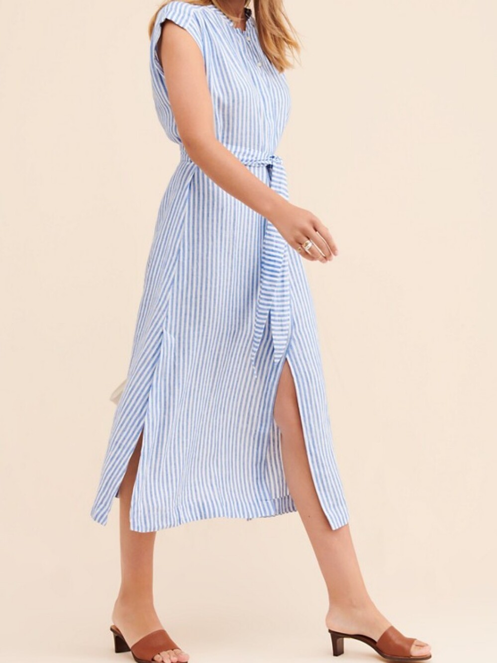 AYR Blue White Striped 100% Linen Short Sleeve Tie Button-Up Midi Sunset Dress S